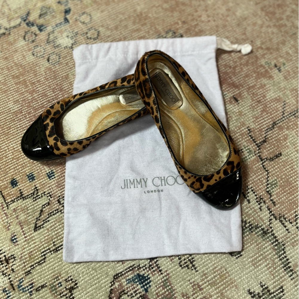 Jimmy Choo Leopard Print Patent Toe Ballet Flats, Size 37.5, GUC